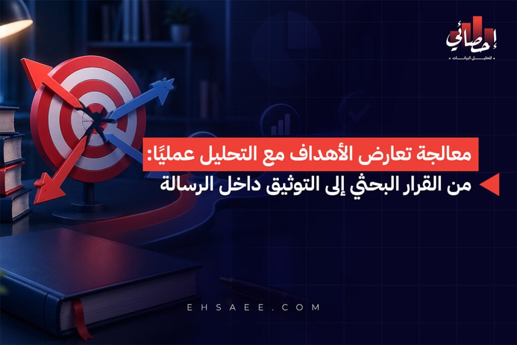 معالجة تعارض الأهداف مع التحليل عمليًا من القرار البحثي إلى التوثيق داخل الرسالة